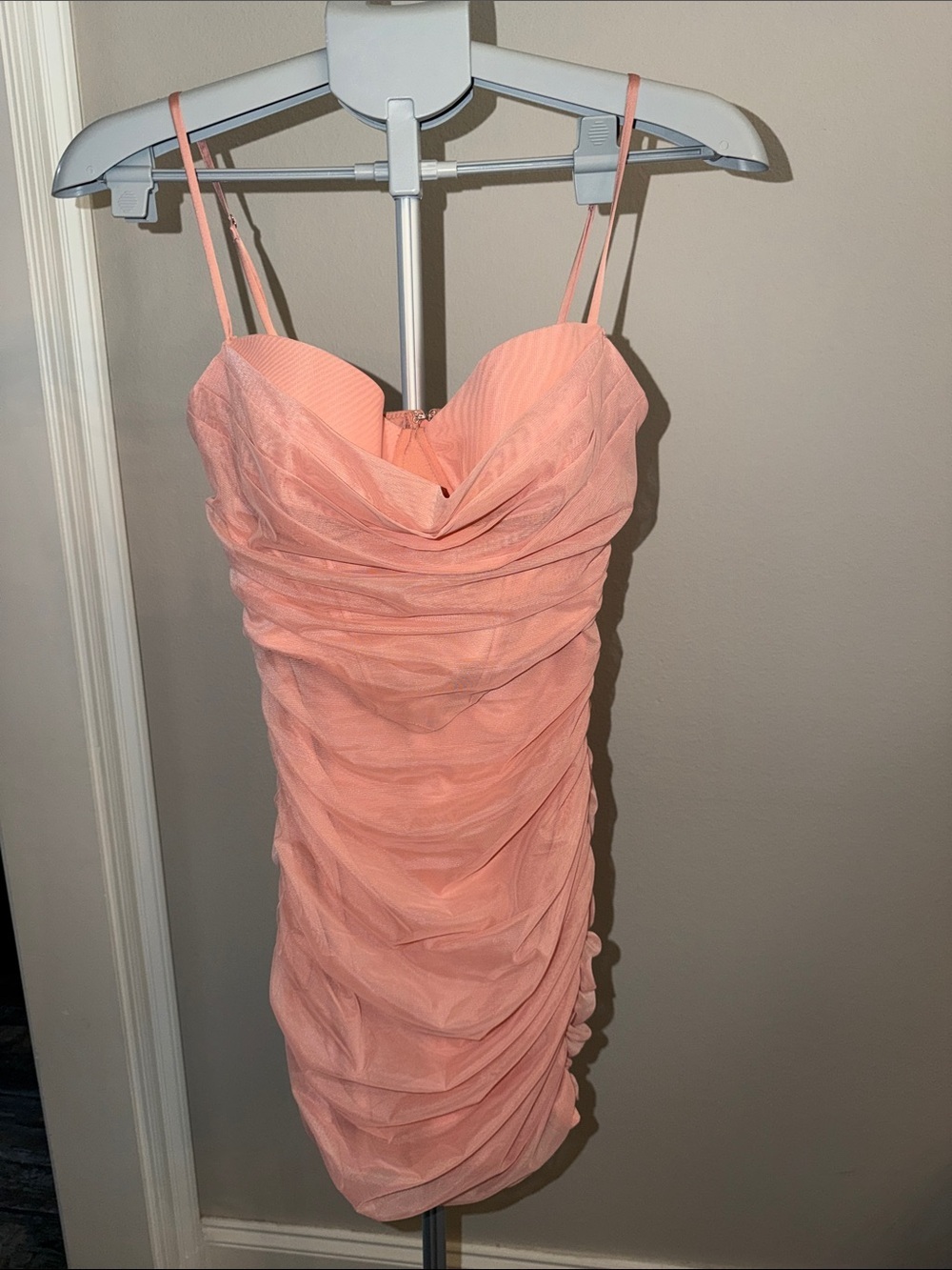 Oh Polly Peach Blush Ruched Spaghetti-Strap Mini Corset Dress